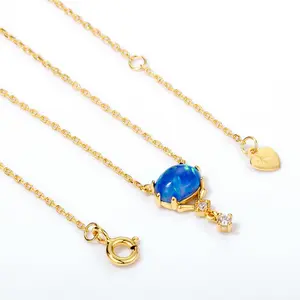2020 Blue Opal Pendant Cross Chain Silver 925 Gold Plating Statement Necklace