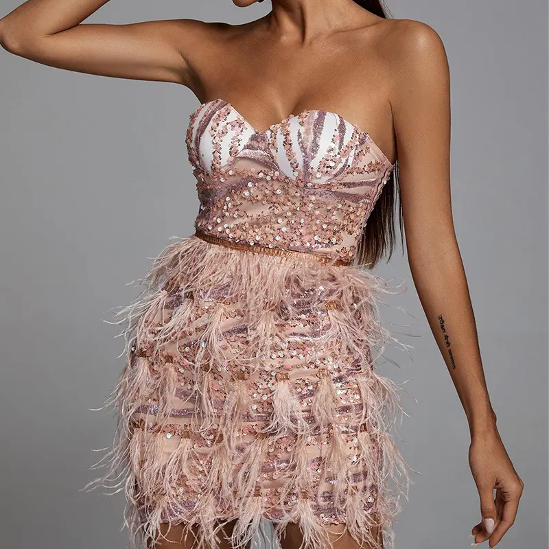 2023 Custom Clothing Manufacturer Fashion Sleeveless Sexy Pink Sequin Feather Mini Corset Mini Party Birthday Dresses Women