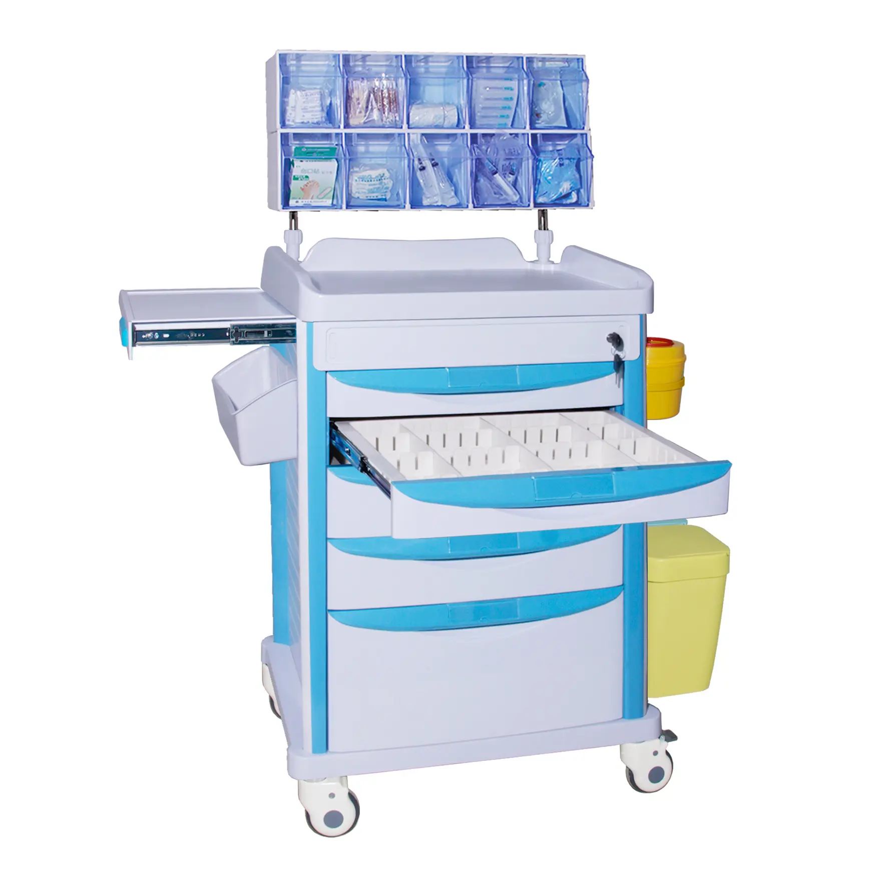 Hot-Sale Abs Plastic Ziekenhuis Drugs Kar Anesthesie Nood Medische Trolley Met Lades