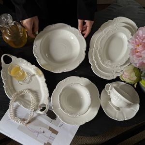 European Style Embossed Lace Design <b>White</b> Ceramic <b>Dinner</b> Plates <b>Set</b> Floral Shape <b>White</b> Charger Plate <b>Set</b> for Wedding Event - Product Image 2
