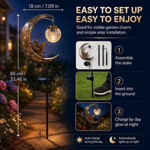 ไฟประดับสวนรูปพระจันทร์ครึ่งเสี้ยว Frewac Hummingbird Moon Solar พร้อมไฟ LED กันน้ำ ตกแต่งทางเดินด้วยลูกแก้วลายแตกและฐานโลหะ - Product Image 5