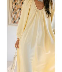 Vestido Maxi Amarillo Satinado con Cuello en V, Manga Farol, Estilo Boho Holgado con Bolsillos, Vestido Casual de Verano - Product Image 3