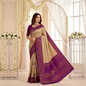 <b>Purple</b> Beige Silk <b>Saree</b> Traditional Print Sun Protection All Seasons Wedding Women's Floor-Length Regular Fit India Pakistan - Product Image 1