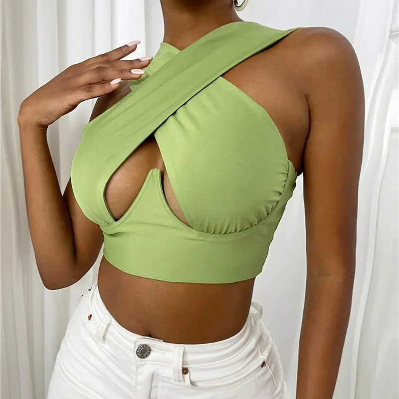 Summer Lady Cross Tank Sexy Solid Color Cutout Front Crop Top Party Club Streetwear Sleeveless Bustier Tops