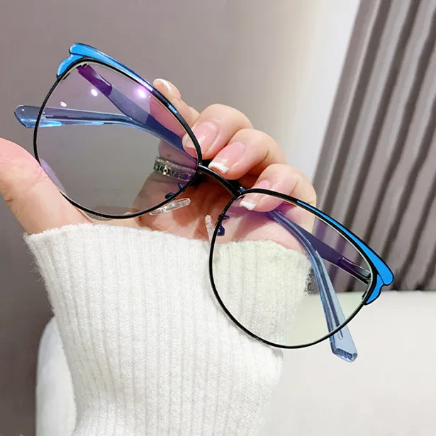 Nuevas gafas de moda para mujer patchwork azul negro círculo de metal negro monture de lunettes DE LUXE Femme monturas de gafas de ojo de gato