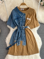 Robe Chemise en Jean Femme Col Rond Bloc de Couleurs Taille Cintrée Écologique Décontractée Été 2026 – Vente en Gros pour Boutiques