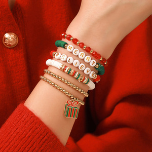 Christmas <b>Bracelet</b> Set Red Green Polymer Clay <b>Beaded</b> Jewelry Gift for Women <b>Men</b> Holiday Party Wristwear - Product Image 3
