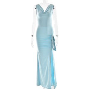 Robe de soirée longue sans manches pour femme, col en V, fente haute, plissée, robe de soirée formelle - Product Image 5