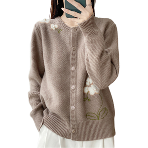 Cardigan tricoté pour femmes, broderie florale, manches longues, col rond, haut décontracté d'automne - Product Image 1