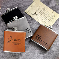 En gros, Gourde de voyage XZ Leather 6oz en acier inoxydable recouvert, design moderne et minimaliste, portable, format plat de poche, pour usage extérieur, coffret cadeau