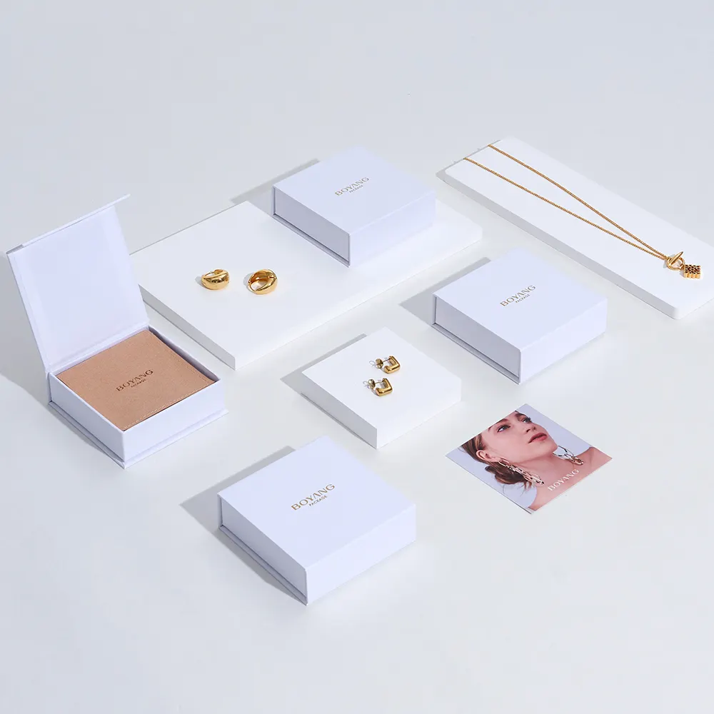 Boyang-cajas y bolsas de regalo de joyería de papel blanco reutilizable, respetuosas con el medio ambiente