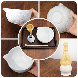 Traditional Japanese 4PC Matcha <b>Tea</b> <b>Set</b> Ceramic Bowl & PP Whisk with Flower Pattern for Home <b>Tea</b> Ceremony - Product Image 4