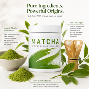 Poudre de thé matcha biologique, complément alimentaire pur en fibres pour adultes, favorisant le métabolisme et la détoxification, certifié ISO HALAL, durée de conservation de 24 mois - Product Image 2
