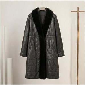 Manteau long en cuir pour <span class=keywords><strong>femme</strong></span>, veste cintrée à la taille avec bordure en fausse <span class=keywords><strong>fourrure</strong></span> - Product Image 2