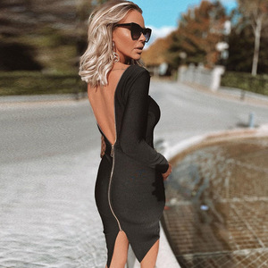 Mulheres Sexy Backless Zipper manga comprida Casual Vestidos Vestidos de noite - Product Image 3