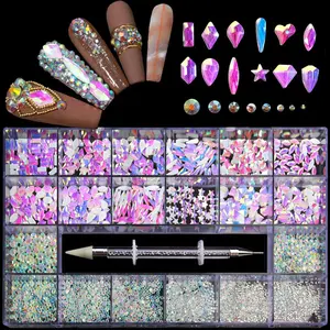 Nail Art Rhinestones Shiny Crystal AB White Rainbow Nail Art Mix Shape Fancy In Box Flat Bottom Glass Nail Rhinestone Art Decoration Rhinestones