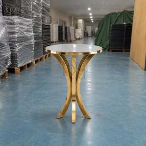 Round Cocktail <b>Table</b> for Wedding Receptions with Gold Stainless Steel Curved Cross Base and Mirrored Tempered Glass Top - Product Image 2