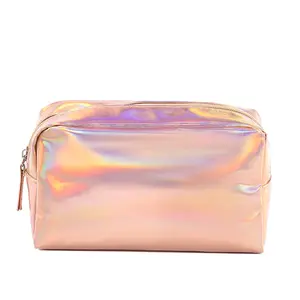 Custom Square Ladies Holographic Makeup Bag PU Leather Cosmetic Pouch Bag For Women
