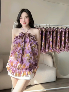 Ensemble 2 pièces short et haut en mousseline florale à volants, col licou, fabriqué au Vietnam, mélange de coton respirant, service OEM pour femmes - Product Image 6