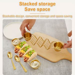 Support de tacos en acier inoxydable doré avec cuillères et coupelles à sauce, plateau de service en métal pour tacos, idéal pour la cuisine mexicaine (vente en gros) - Product Image 4