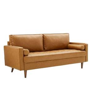 Divano Personalizzabile in Stile Moderno per Soggiorno, Hotel e Appartamenti, Comodo Divano a 3 Posti in Pelle Marrone Chiaro con Braccioli Quadrati - Product Image 1