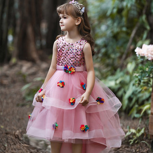 Children's Princess Dress Pink Tulle Floral Vest A-Line Flower Girl Dress Piano Performance Costume - Product Image 1