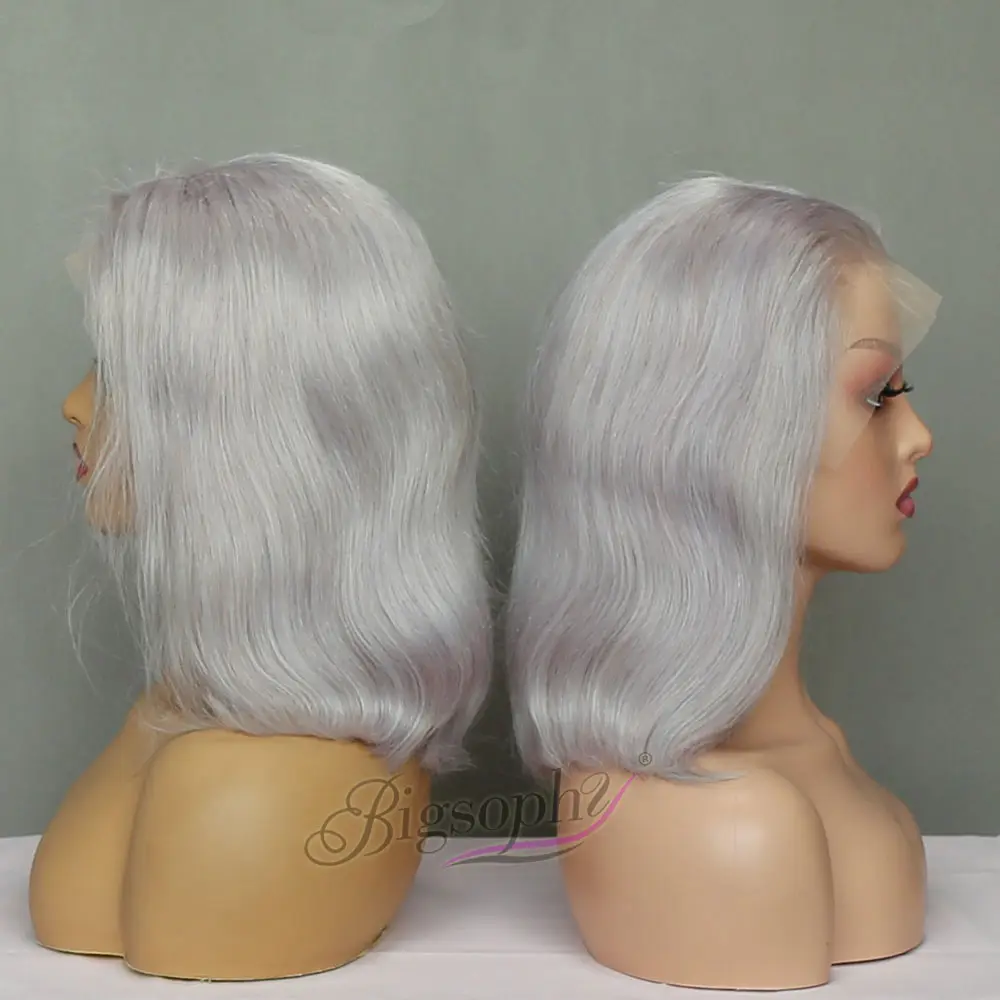 Perruques de cheveux humains lisses et colorés gris vierge, densité 150%, gris argenté