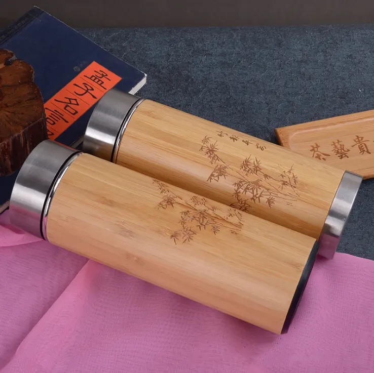 neue benutzerdefiniertes Logo doppelwandig vakuum isoliert thermische Flasche edelstahl Bambus Holz Wasserspender