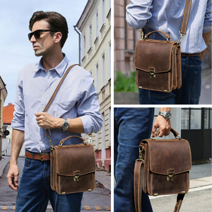 Bolso Mensajero de Cuero Crazy Horse Vintage para Hombre, Bolso Cruzado para el Trabajo, Viajes Diarios, con Múltiples Compartimentos, para Tablet de 8.3'' - Product Image 4