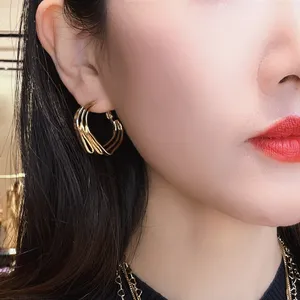 Luxury Temperament Iron Studs Gold Plated Wave Multi-Layer Overlay Geometric Earrings