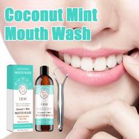 Enjuague Bucal OEM de Coco y Menta con Mentol y Raspador de Lengua, Sin Alcohol, 100 ml, Blanqueador Dental, Antiséptico, Aliento Fresco, Encías Saludables