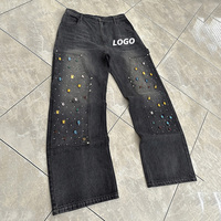 Pantalon de survêtement vintage patchwork délavé à l'acide, jeans en denim personnalisés pour hommes, pantalon orné de strass délavé à la pierre