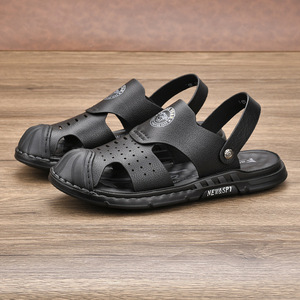 Genuine Leather <b>Closed</b> <b>Toe</b> <b>Sandals</b> Men Summer Breathable Rubber Sole Casual Slides - Product Image 2