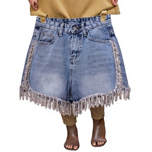 Shorts de mezclilla azules transpirables de cintura alta para mujer, estilo casual, ajustados, con borlas de diamantes brillantes, venta al por mayor para verano - Product Image 2