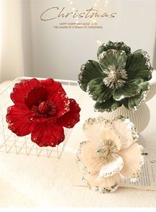 Ornamen Bunga Natal Buatan Berpayet Grosir, Hiasan Bunga Poinsettia Berpinggir Glitter, Warna Merah Hijau Krem, Dekorasi Karangan Bunga dan Garland - Product Image 3