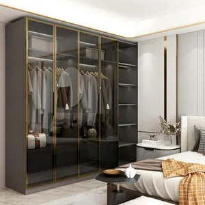Moderno quarto de vidro guarda-roupa, quarto com espelho, portas deslizantes, armazenamento personalizado, grande guarda-roupas
