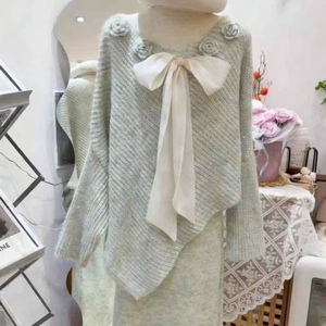 Women's Bow Tie 3D Floral Knit Sweater Loose-fit <b>Sequin</b> Knit <b>Top</b> Fashion - Product Image 1