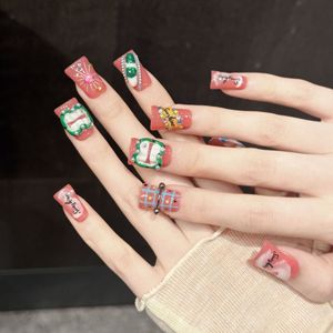 Lot de 10 <span class=keywords><strong>faux</strong></span> <span class=keywords><strong>ongles</strong></span> à presser rose corail, faits main, motif canard, lèvres 3D, perles, cœur, paillettes, bonbons, mignons, style Y2K - Product Image 5