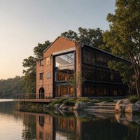 Résidence mobile préfabriquée à deux étages avec escalier extérieur, balcon et portes en verre