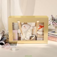 Caja de Regalo Plegable Dorada con Ventana Transparente, Cinta de Satén Integrada, Fácil de Montar, Empaque Rígido