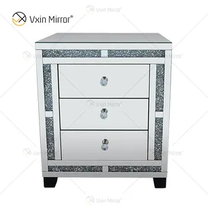 Good Quality Silver Crushed Diamond Nightstand Bedside With 3 Drawer mirrored bedside table