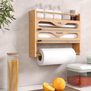 Wall Mounted Bamboo Crafts Dispenser Kitchen <strong>PaperTowel</strong> Holder Rectangle Cutter and Ziplock Bag Storage Wall Sign Organizer - Product Image 2