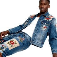Ensemble de jeans ample délavés avec broderie d'appliques à motif floral personnalisé pour hommes avec taille haute et jambe large