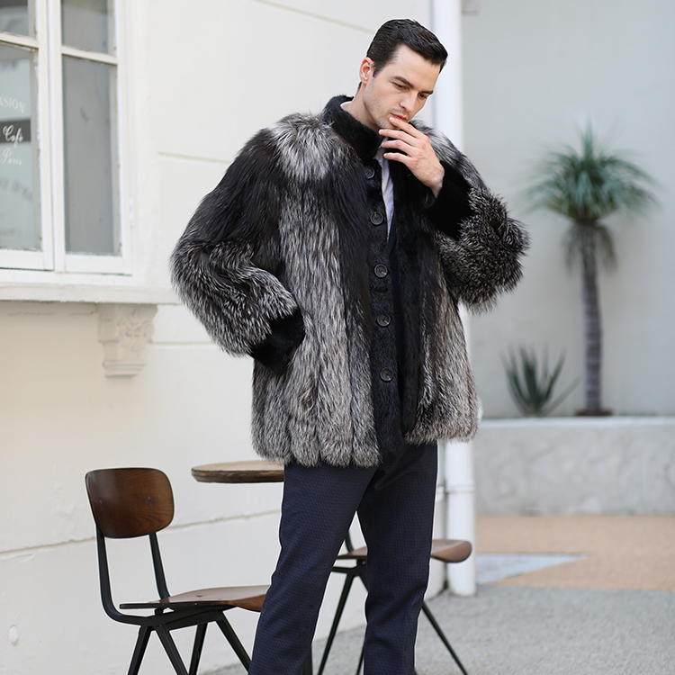 Luxury Men's Jacket with Real Silver Fox Fur and Mink Fur
