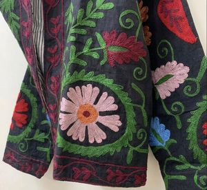 Hand Embroidered Quilted Velvet Cotton <b>Jacket</b> Women's <b>Mandarin</b> <b>Collar</b> Full Sleeve Floral Rabbit Pattern Spring Autumn Coat - Product Image 5