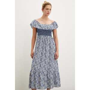 Vestido Maxi Mango con Hombros Descubiertos, Estampado Floral Azul, Corte en A, Tejido Informal para Uso Diario, Transpirable - Product Image 3