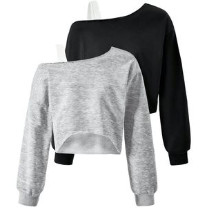 FOXA Women's <b>Off</b> <b>Shoulder</b> Crop <b>Sweatshirt</b> Long Sleeve Asymmetric Pullover Knitted Cotton Blend Breathable Top - Product Image 1