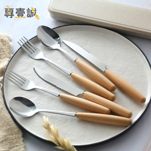 Stainless Steel Wooden Handle Spoon Fork Knife Metal <strong>Travel</strong> <strong>Cutlery</strong> <strong>Set</strong> <strong>With</strong> <strong>Case</strong> - Product Image 2