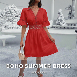 Red Pleated Midi Dress for Women Elegant V Neck Lace Trim Dress <b>Flare</b> Sleeve Party Dress Casual Summer Dress Stylish Womens Fash - Product Image 2