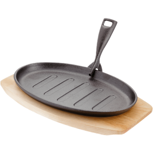 Sartén Fajita <span class=keywords><strong>de</strong></span> <span class=keywords><strong>hierro</strong></span> <span class=keywords><strong>fundido</strong></span>, plato caliente, plato chisporroteante, plato para servir <span class=keywords><strong>de</strong></span> forma ovalada con plato Base <span class=keywords><strong>de</strong></span> madera, sartén para carne - Product Image 1